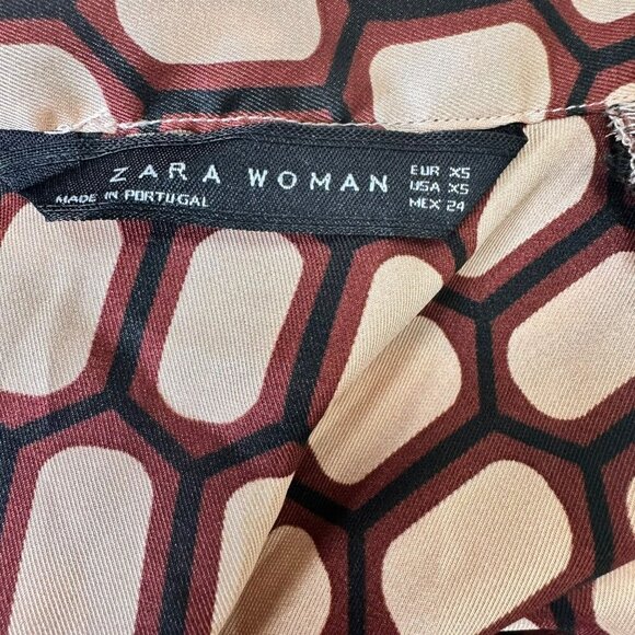 Zara Short Sleeve Blouse Burgundy Cream‎ Geometric Print Bow Satin Size XSmall - Picture 4 of 9